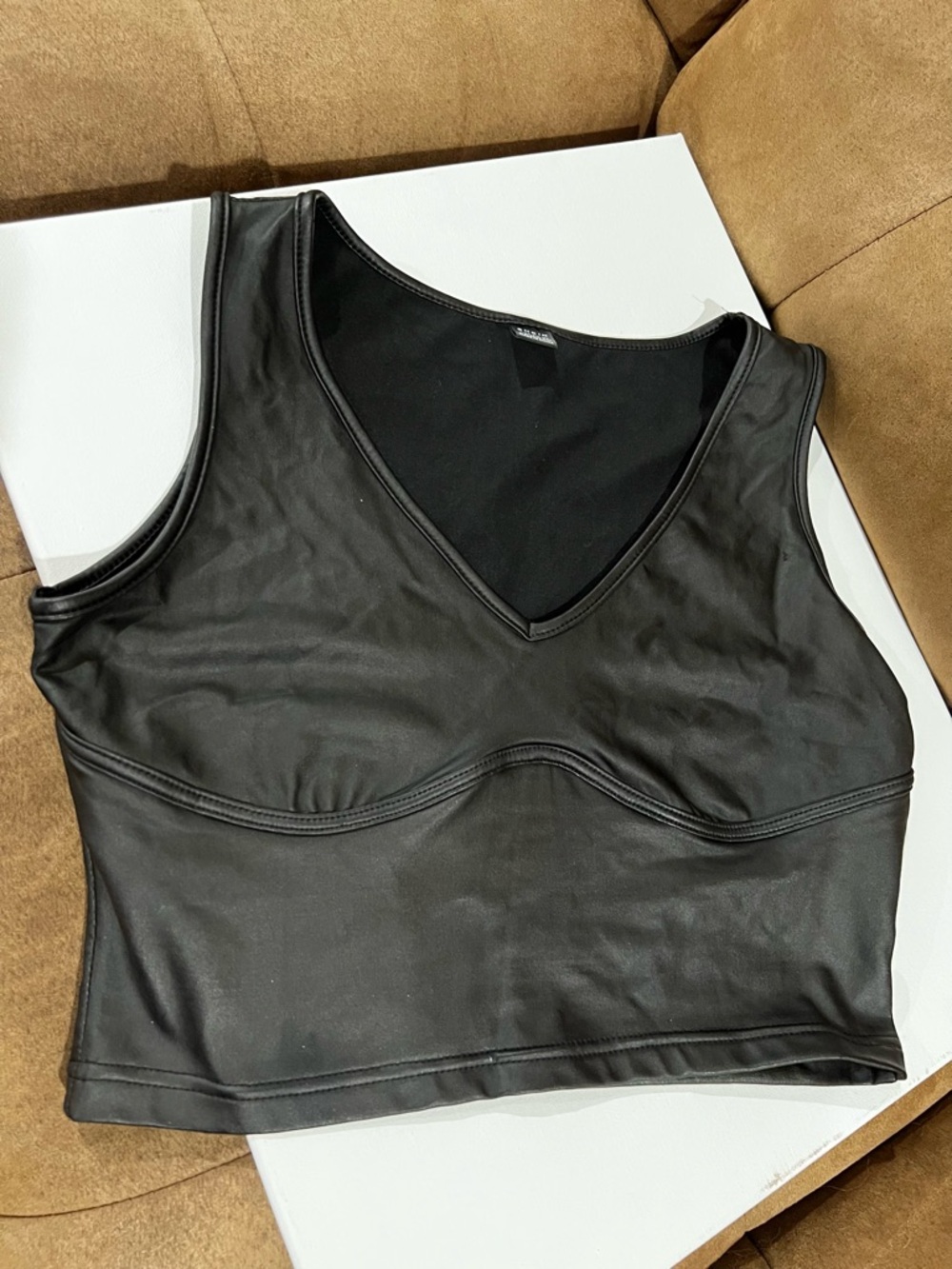 SHEIN Black Faux Leather V-Neck Crop Top